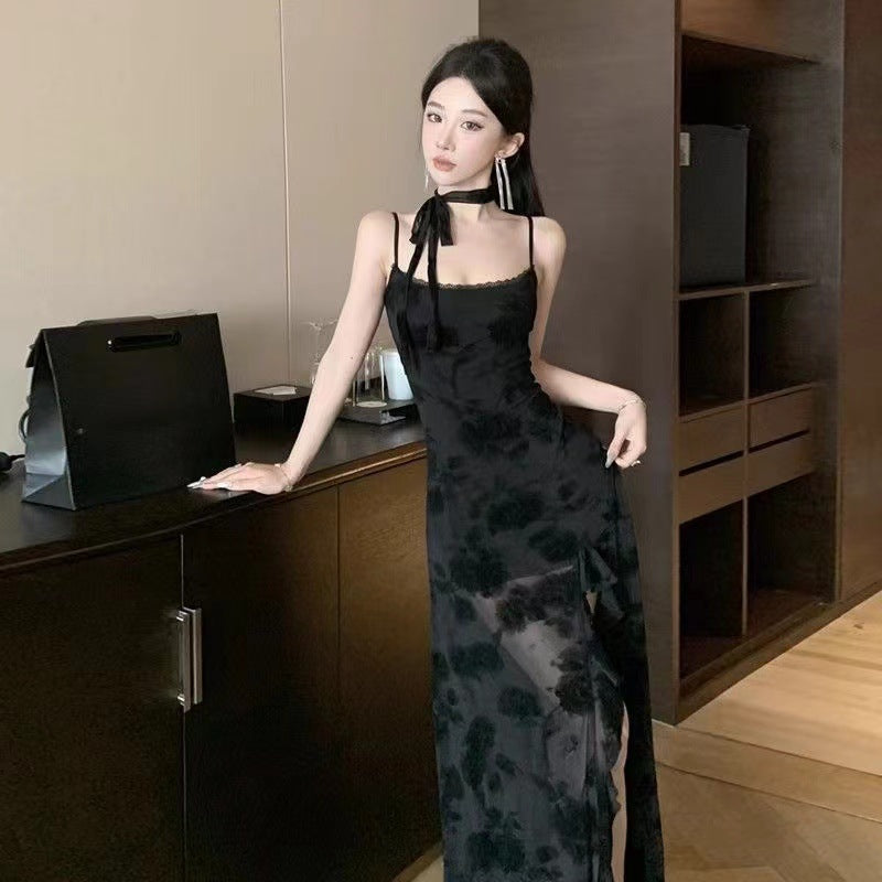 French Style Black Lace Slip Dress