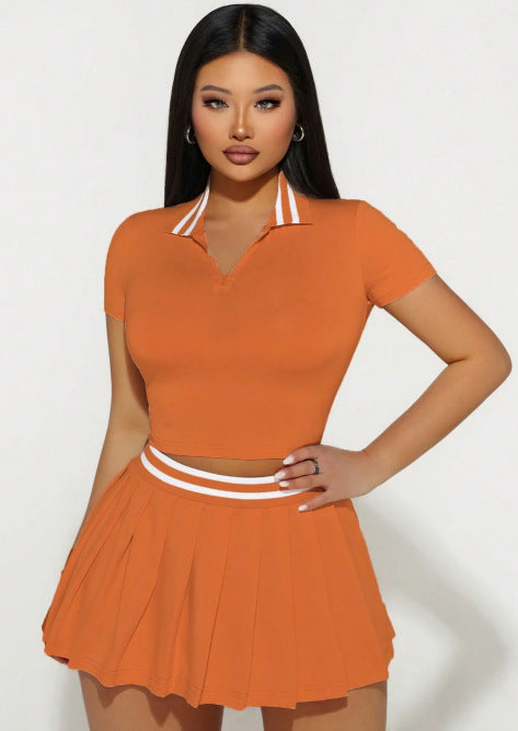 Two-Piece Set Skirt With Notched Collar And Short Sleeves