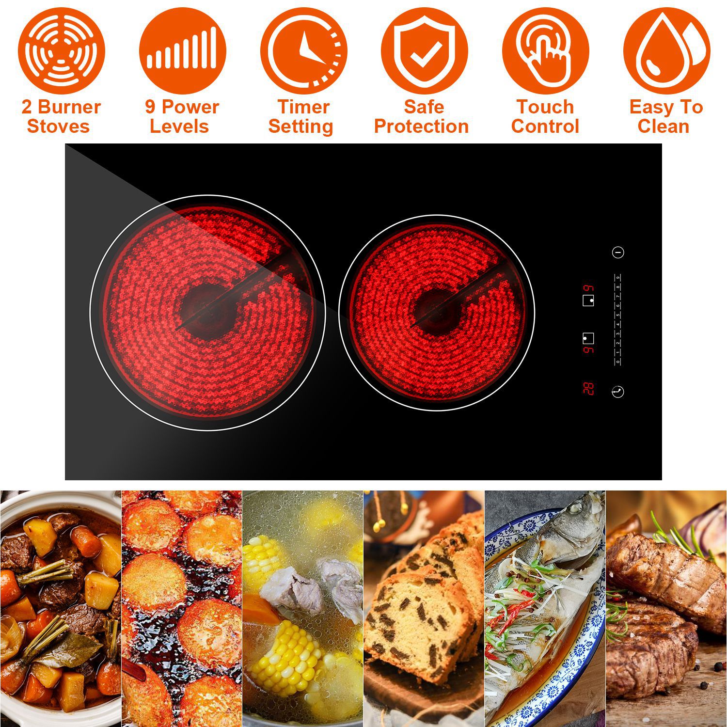 Dual Induction Burners Electric Cooktop 110V Total 1900W Electric Stove Built In Electric Ceramic Stove With Timer Setting 9 Firepower Levels Over Heating Protection