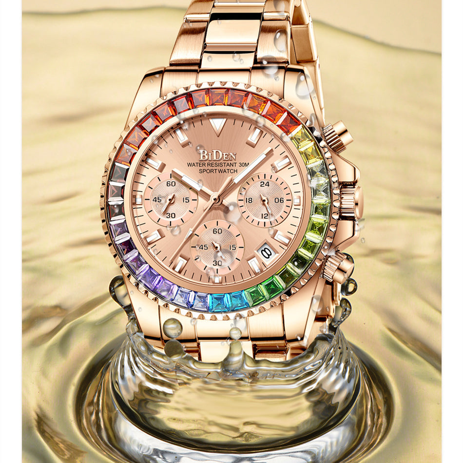 Women Colorful Diamond Watches Chronograph Rotatable Bezel Mineral Glass Luminous | Date Analog Quartz Watch | Steel Band