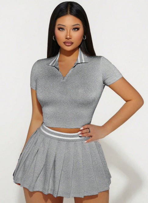 Two-Piece Set Skirt With Notched Collar And Short Sleeves