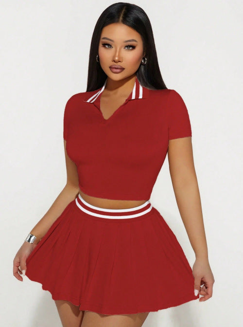 Two-Piece Set Skirt With Notched Collar And Short Sleeves