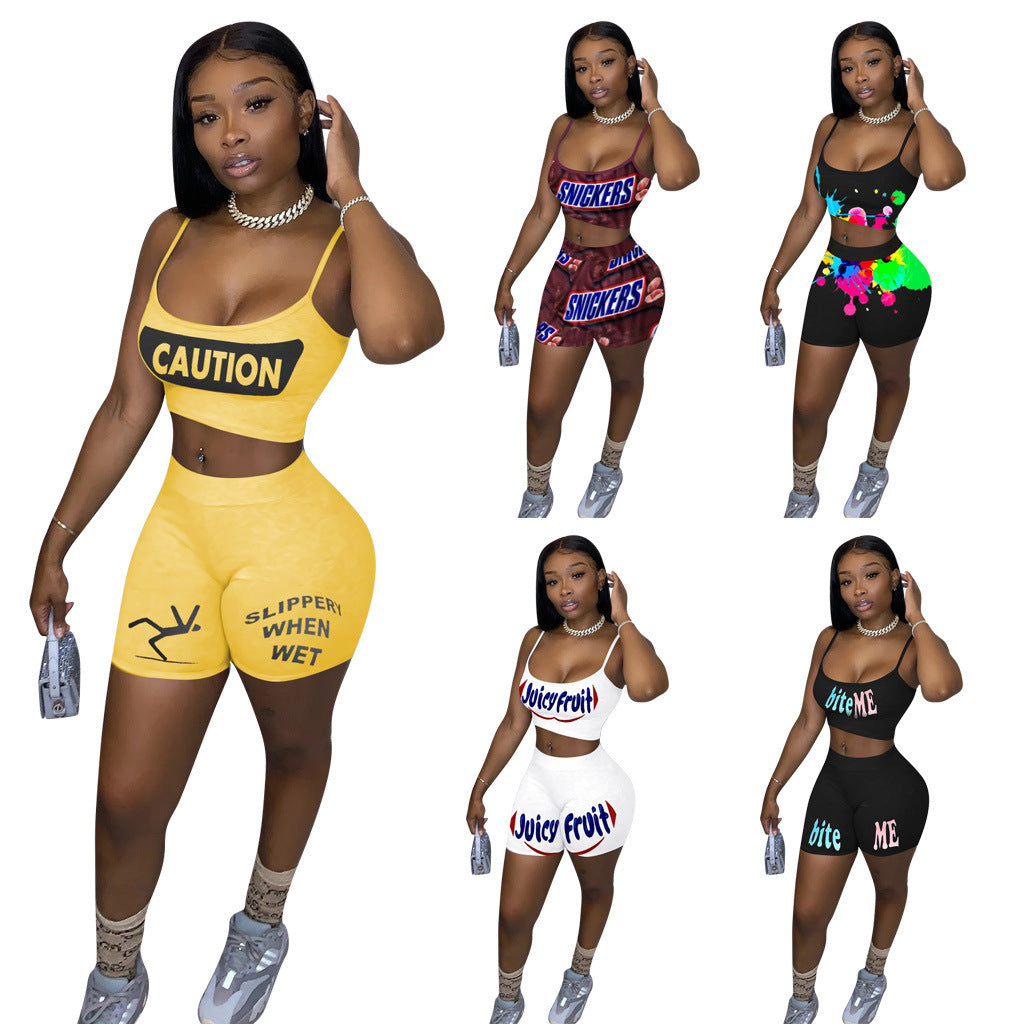 Ladies' Spoof Nostalgic Letter Printed Sports Suit Two-piece