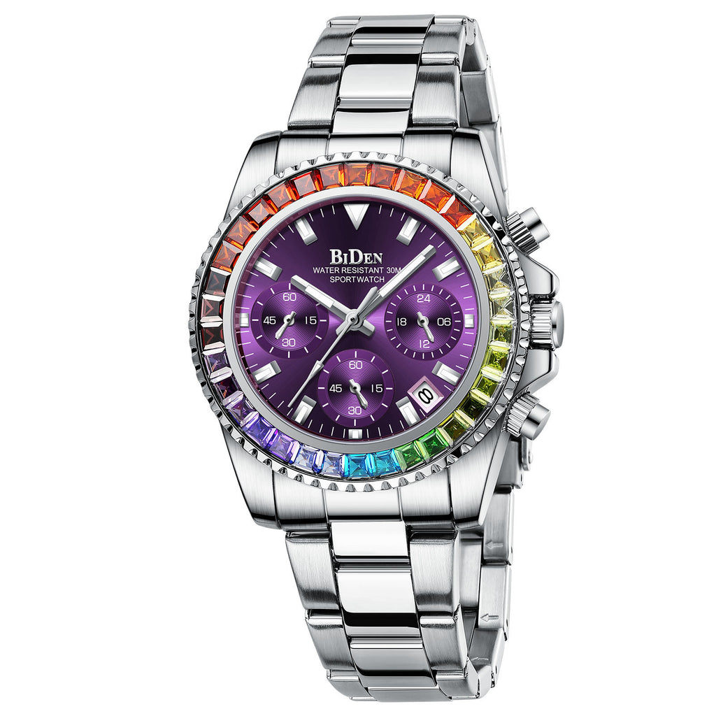 Women Colorful Diamond Watches Chronograph Rotatable Bezel Mineral Glass Luminous | Date Analog Quartz Watch | Steel Band