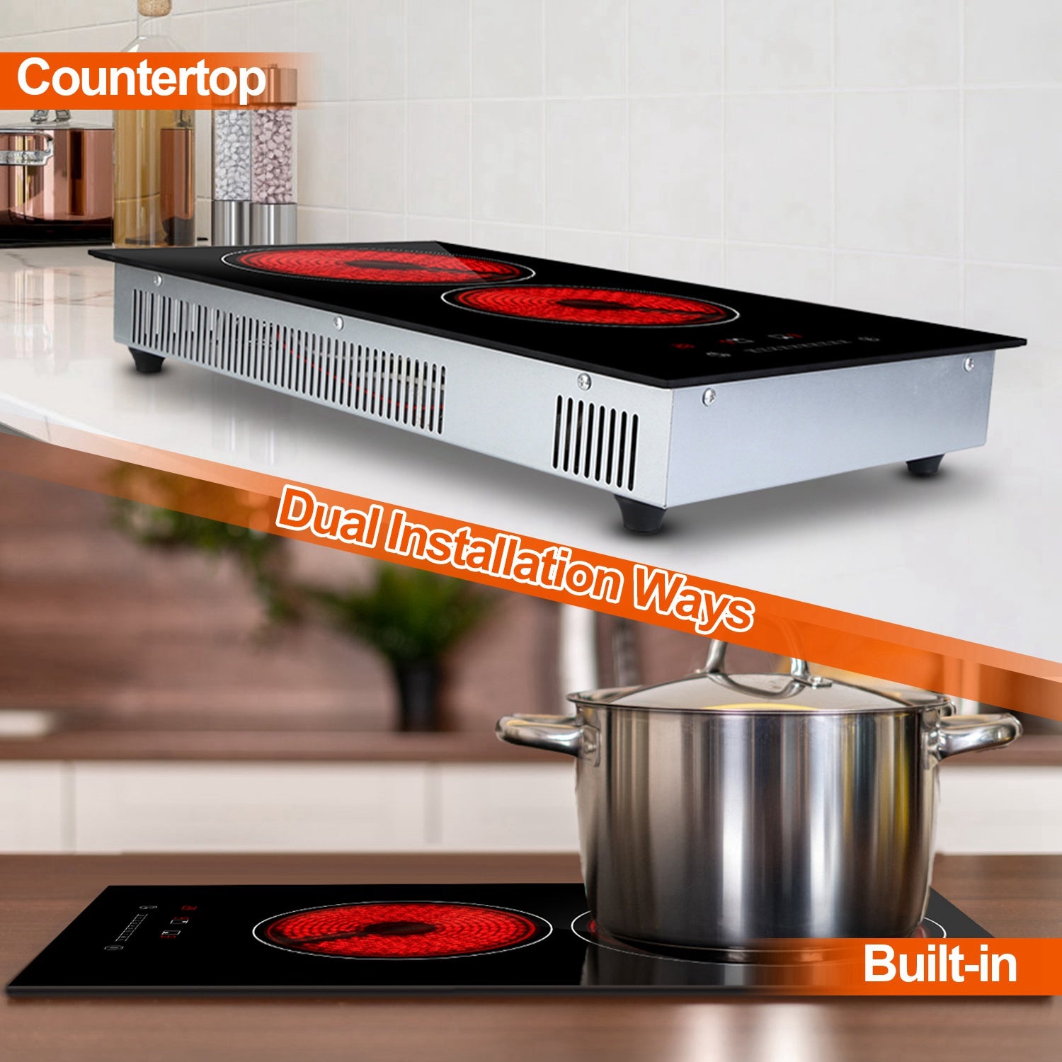 Dual Induction Burners Electric Cooktop 110V Total 1900W Electric Stove Built In Electric Ceramic Stove With Timer Setting 9 Firepower Levels Over Heating Protection