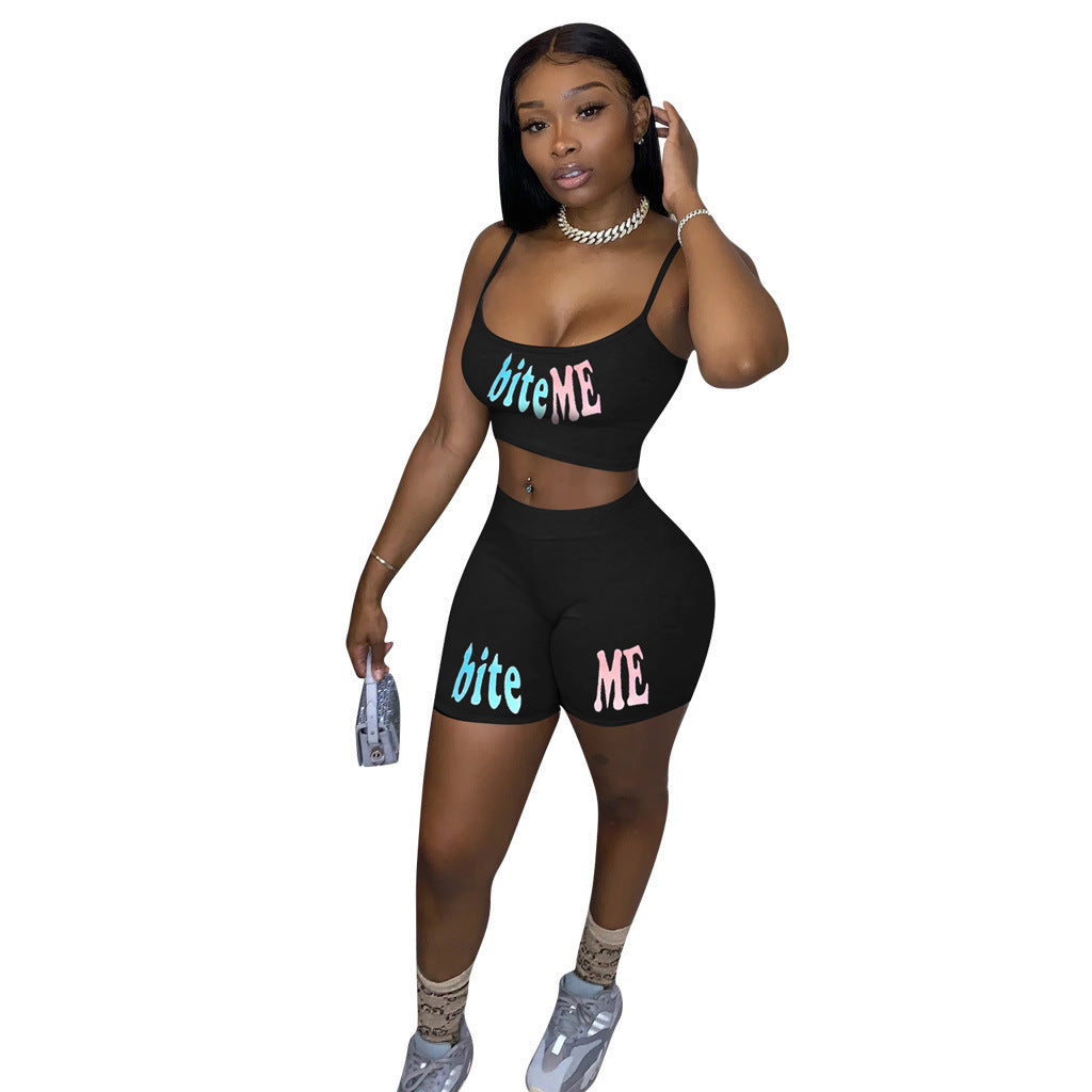 Ladies' Spoof Nostalgic Letter Printed Sports Suit Two-piece
