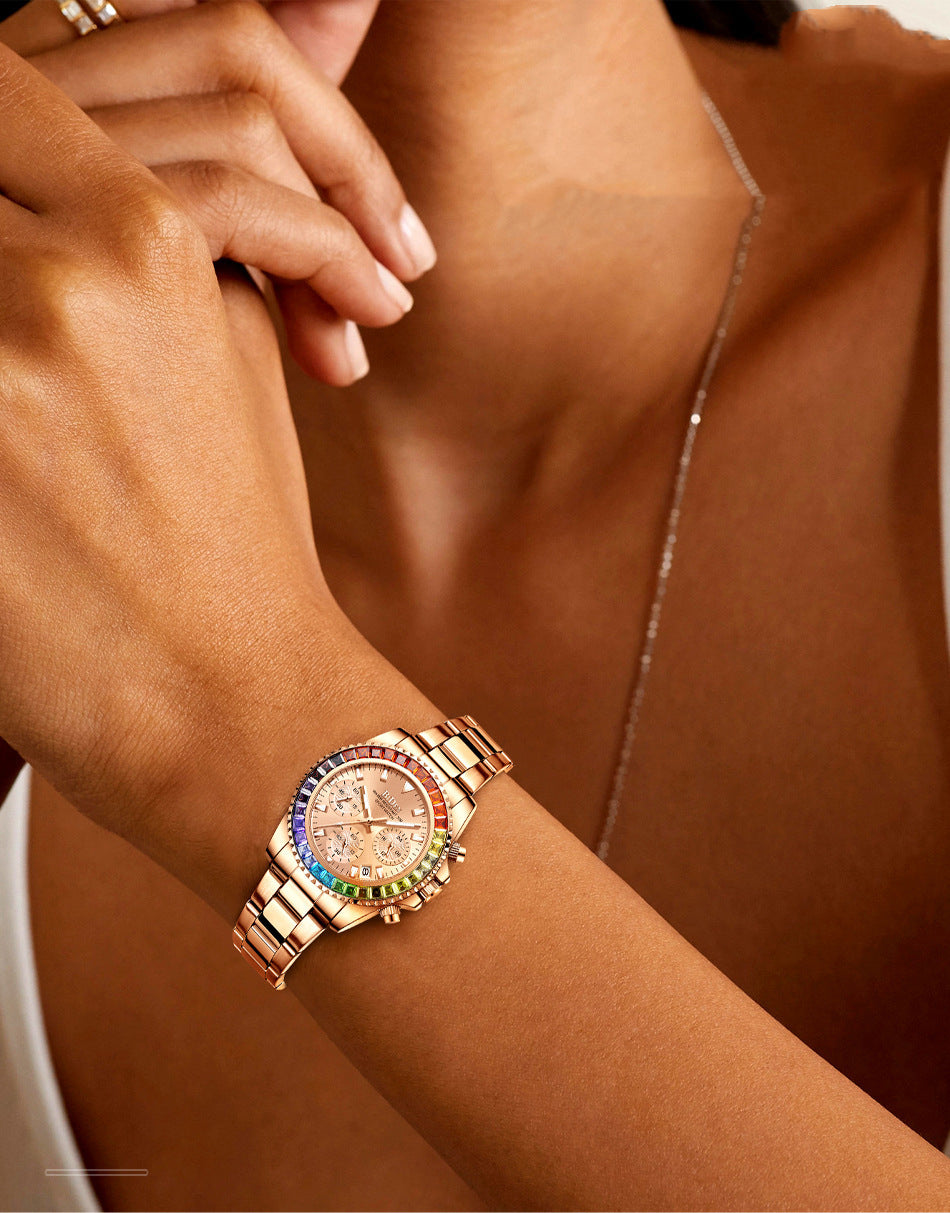 Women Colorful Diamond Watches Chronograph Rotatable Bezel Mineral Glass Luminous | Date Analog Quartz Watch | Steel Band