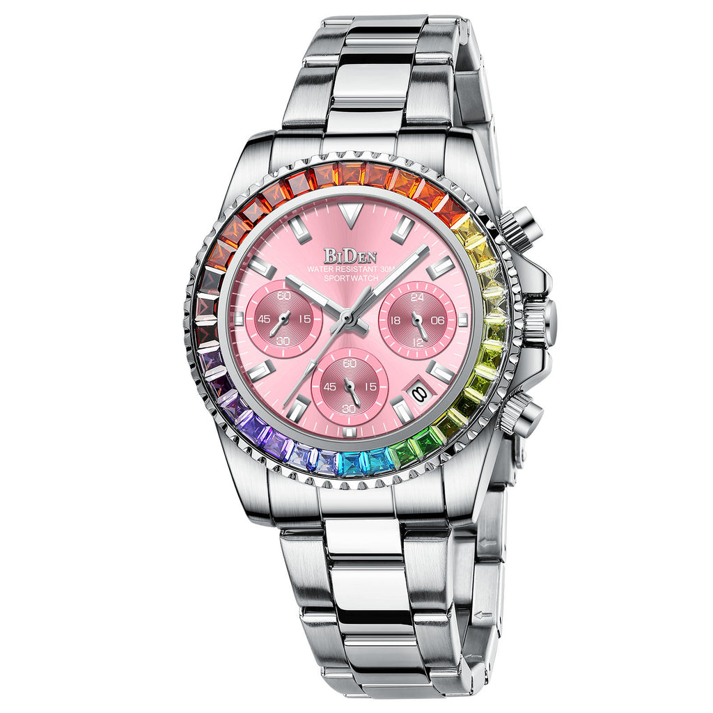 Women Colorful Diamond Watches Chronograph Rotatable Bezel Mineral Glass Luminous | Date Analog Quartz Watch | Steel Band