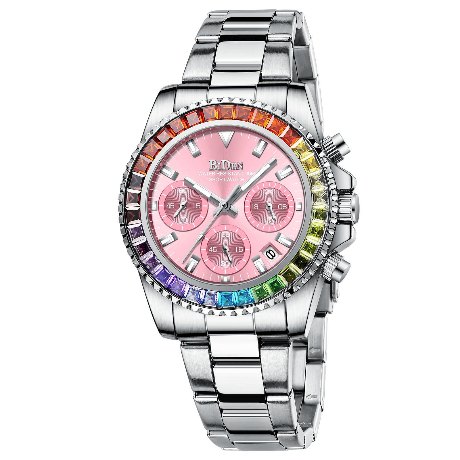 Women Colorful Diamond Watches Chronograph Rotatable Bezel Mineral Glass Luminous | Date Analog Quartz Watch | Steel Band