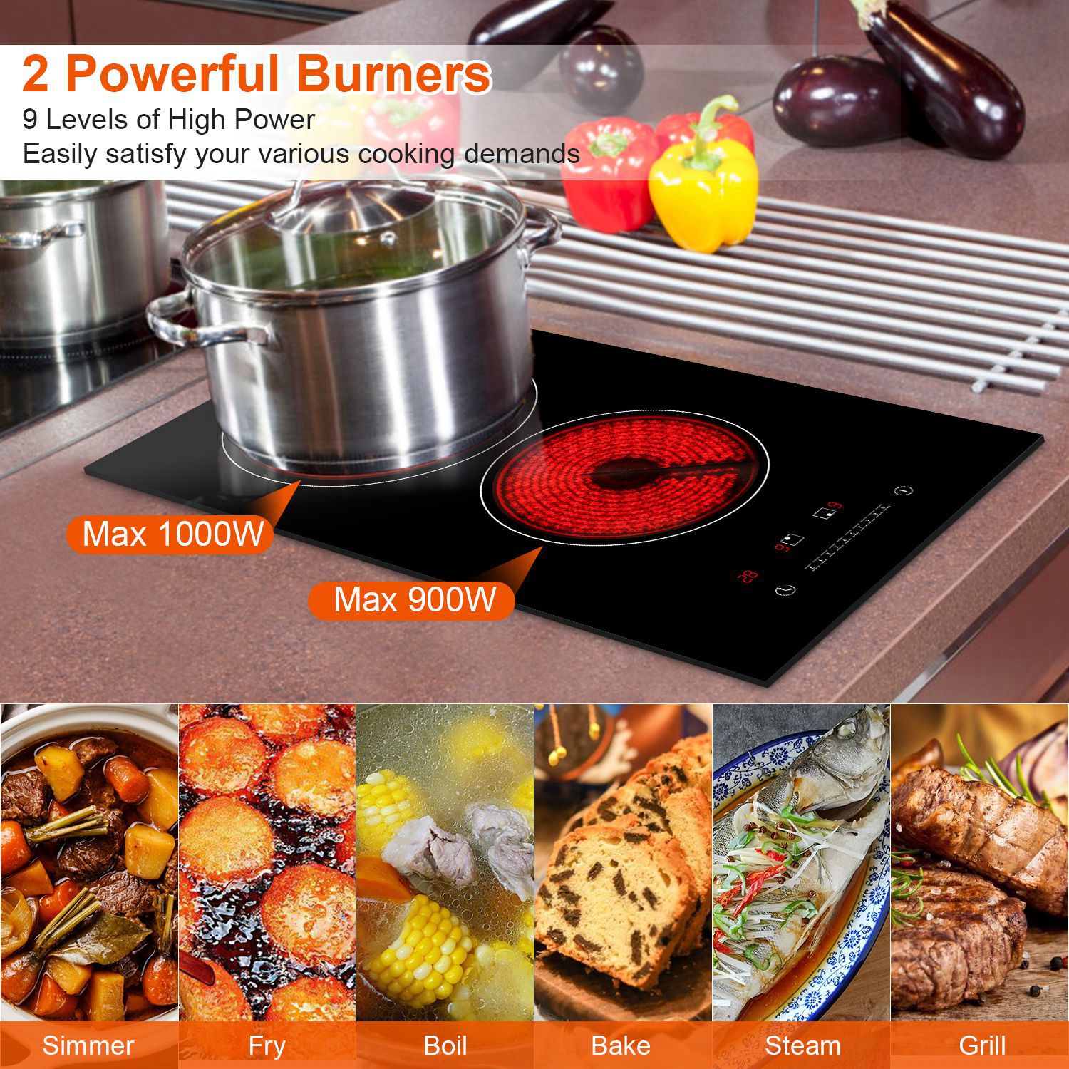 Dual Induction Burners Electric Cooktop 110V Total 1900W Electric Stove Built In Electric Ceramic Stove With Timer Setting 9 Firepower Levels Over Heating Protection