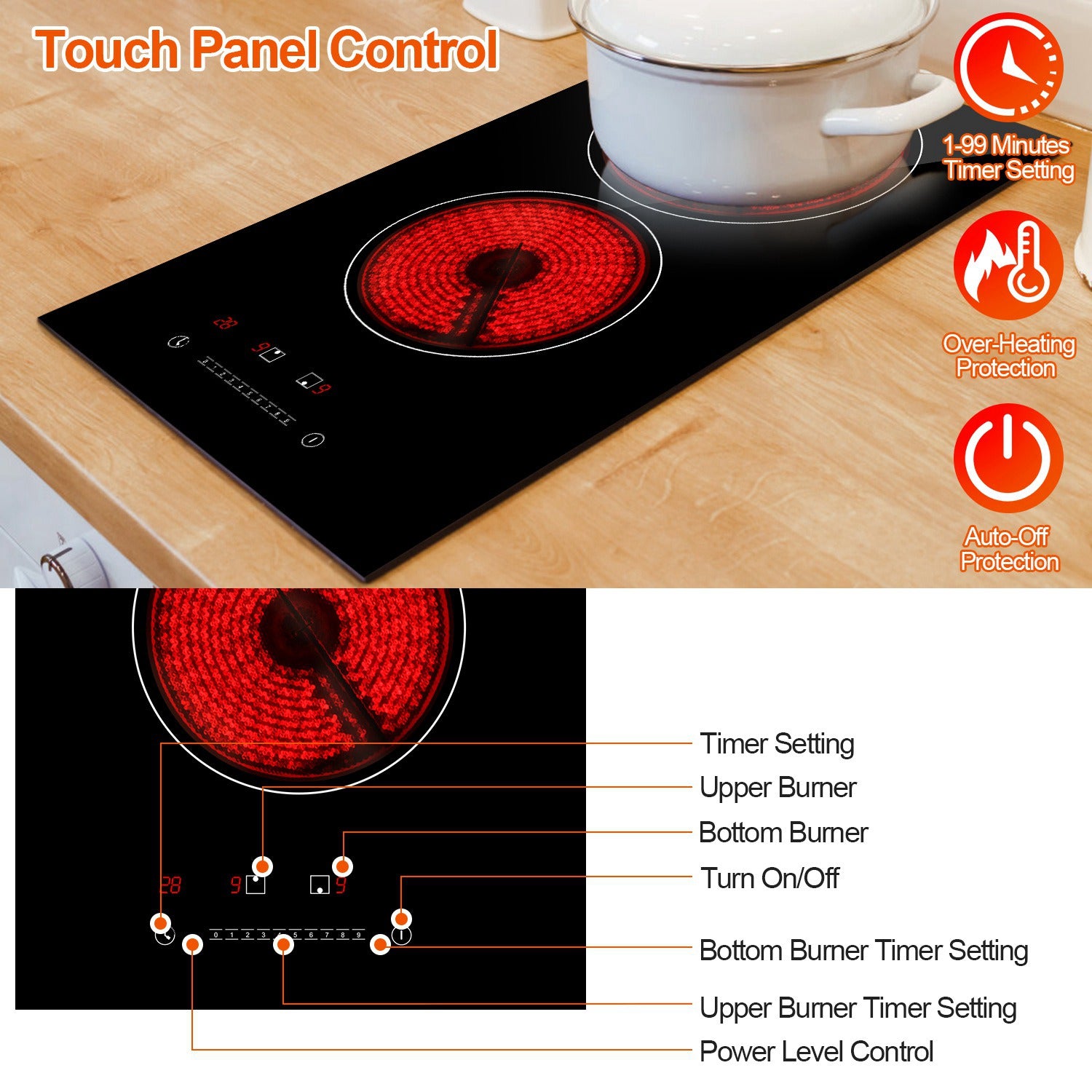 Dual Induction Burners Electric Cooktop 110V Total 1900W Electric Stove Built In Electric Ceramic Stove With Timer Setting 9 Firepower Levels Over Heating Protection