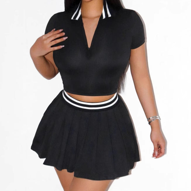 Two-Piece Set Skirt With Notched Collar And Short Sleeves