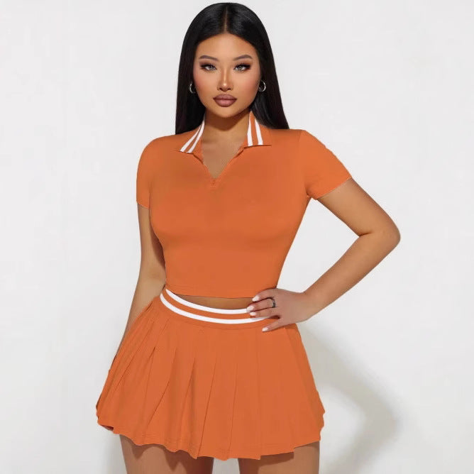 Two-Piece Set Skirt With Notched Collar And Short Sleeves