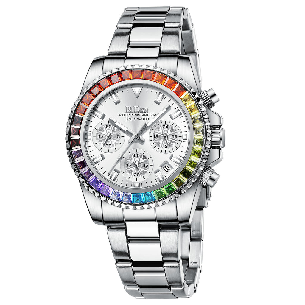 Women Colorful Diamond Watches Chronograph Rotatable Bezel Mineral Glass Luminous | Date Analog Quartz Watch | Steel Band