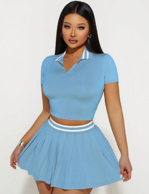 Two-Piece Set Skirt With Notched Collar And Short Sleeves
