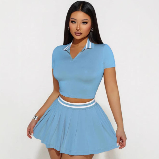 Two-Piece Set Skirt With Notched Collar And Short Sleeves