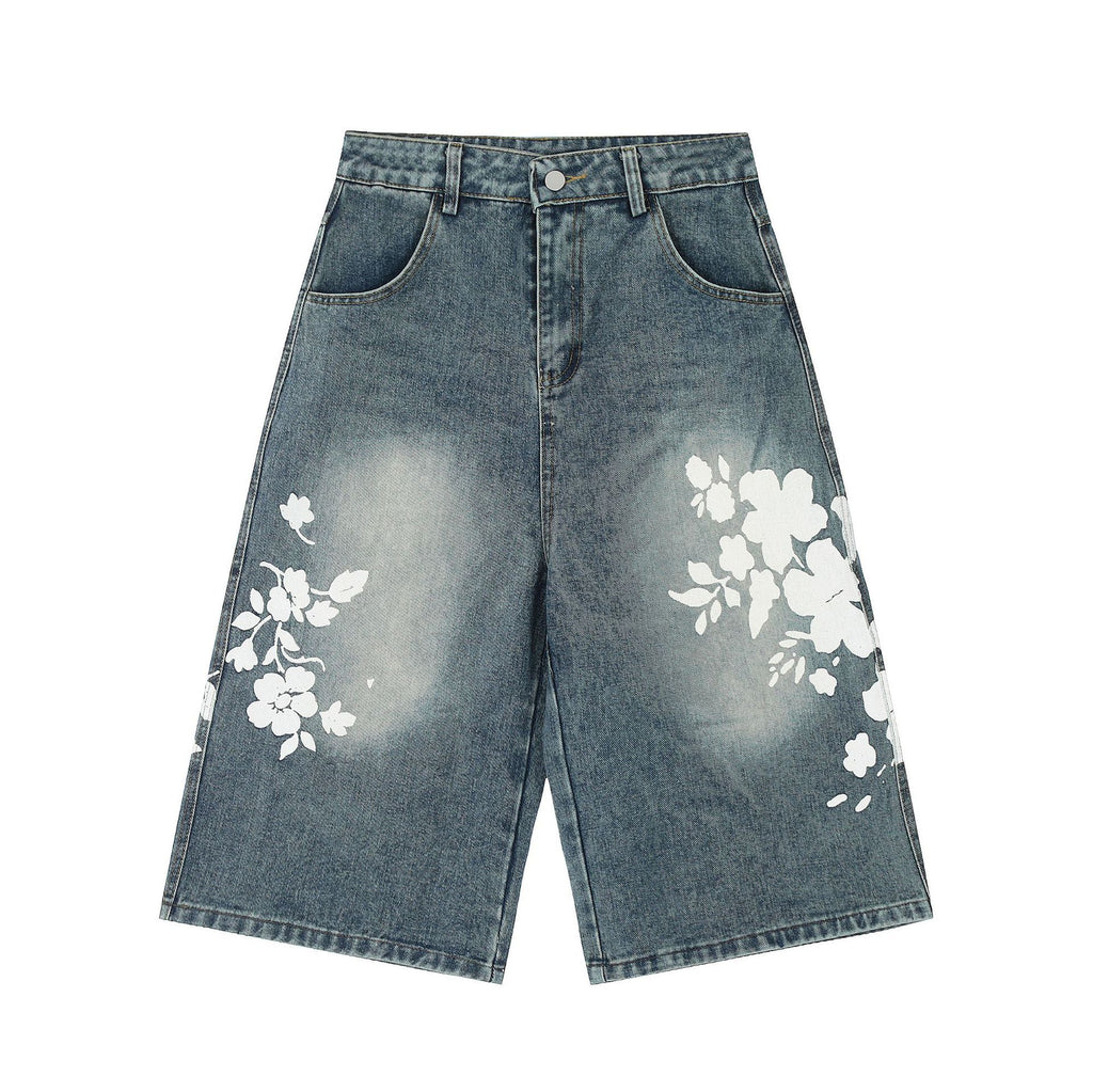 High-street Design Lace Print Slimming Wide-leg Cropped Pants